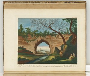 Uitzicht op een merkwaardige gebogen rots, met een rivier eronder, Tolago Bay, aan de Oostkust van Nieuw-Zeeland, illustratie uit Een reisverslag naar de Zuidzeeën: in Zijne Majesteits schip, de Endeavour, 1794 door Sydney
